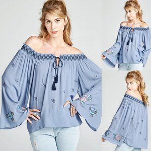 NEW Blue Embroidered Tassel Off Shoulder Boho Top